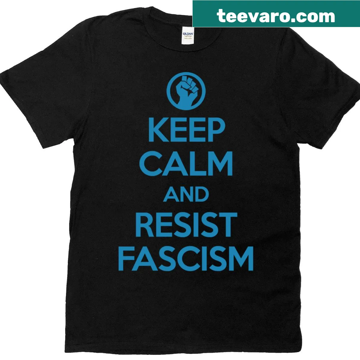 T-shirt with text 'Keep Calm And Resist Fascism' in steel blue — on a men's t-shirt