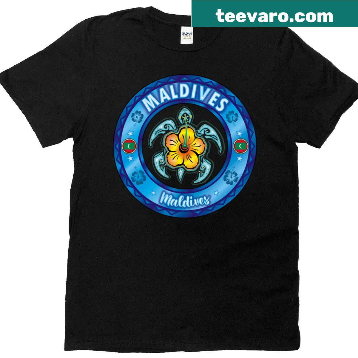 T-shirt featuring a sea turtle and hibiscus flowers in an artistic design — on a men's t-shirt