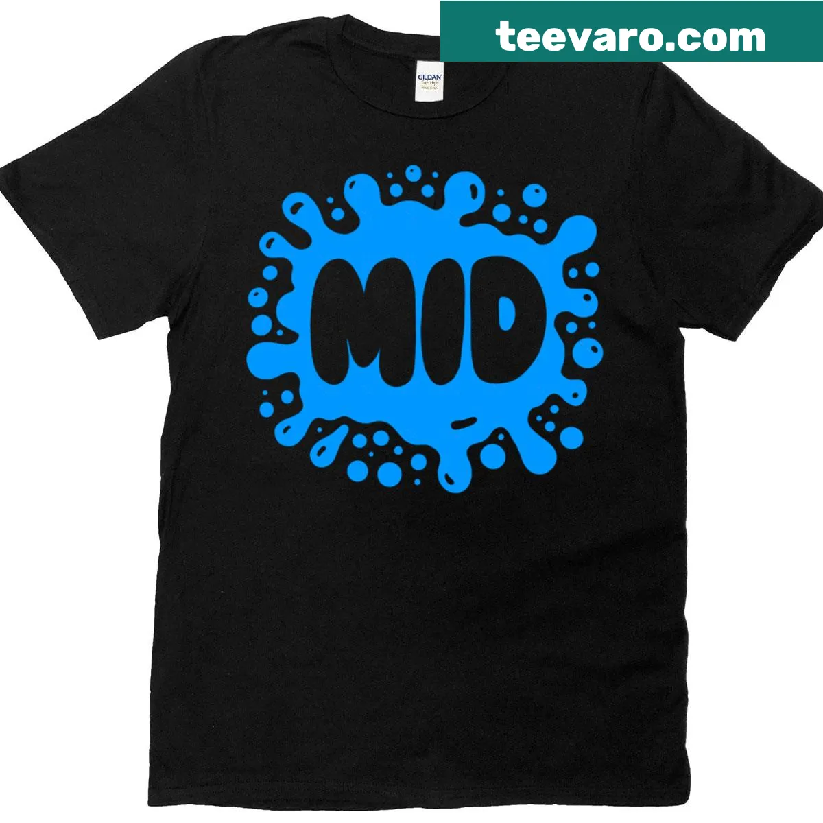 Mid Gen Alpha shirt with unique blue splat design — on a men's t-shirt