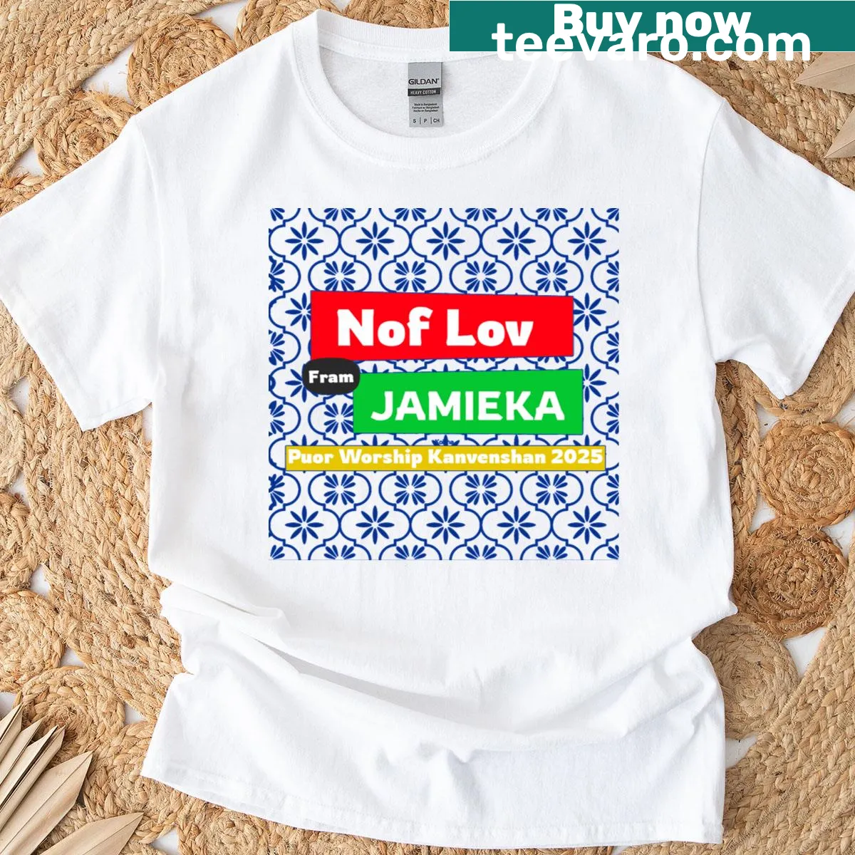 T-shirt featuring Jamaican Patois text celebrating worship. — on a men's t-shirt