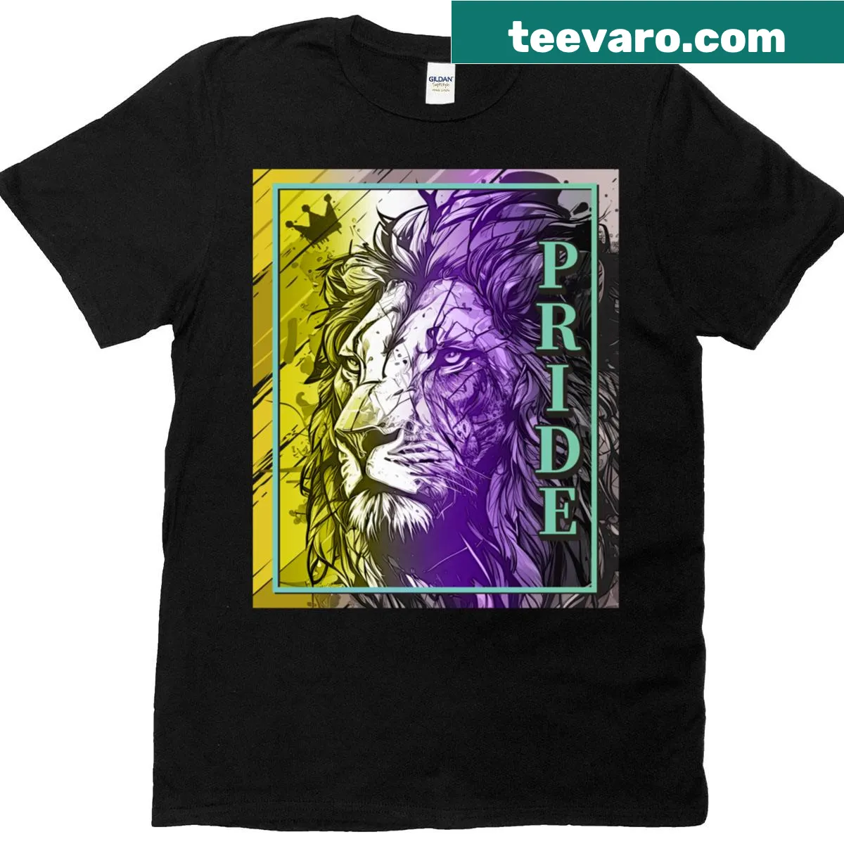 LGBT flag lion design T-shirt celebrating nonbinary pride — on a men's t-shirt