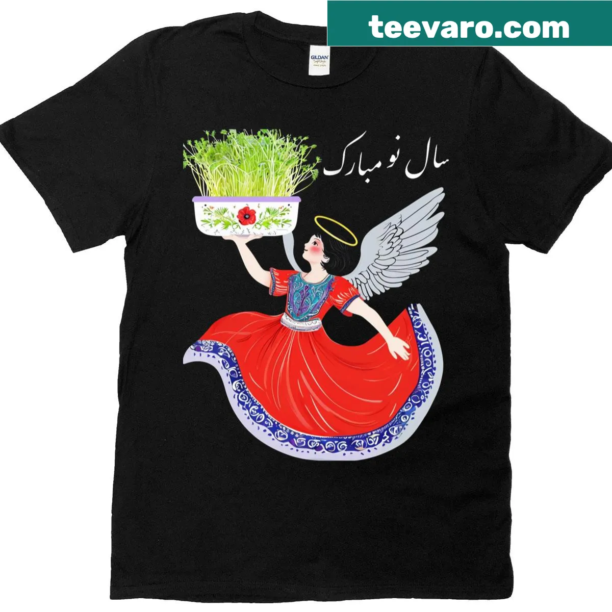 Happy Nowruz t-shirt featuring Haftseen symbols — on a men's t-shirt