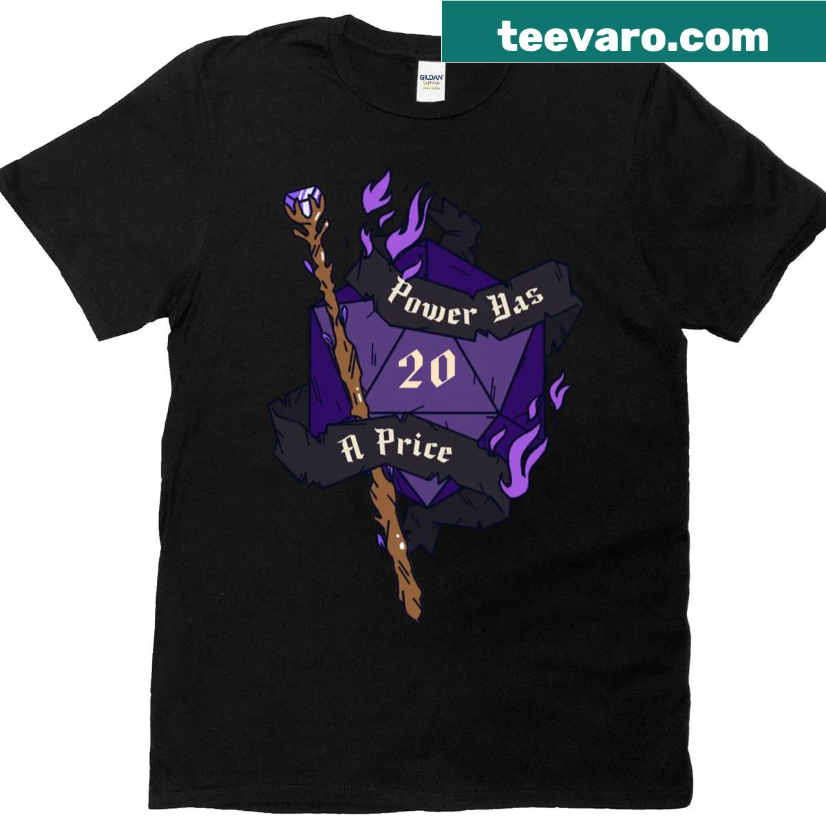 Bold statement 'Power Has A Price' on a tabletop RPG t-shirt — on a men's t-shirt