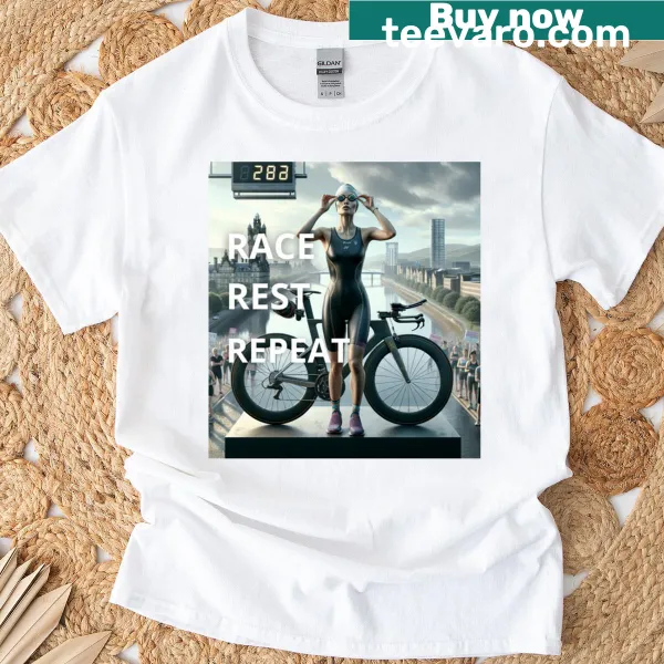 Motivational triathlon design t-shirt with 'Race Rest Repeat' text
