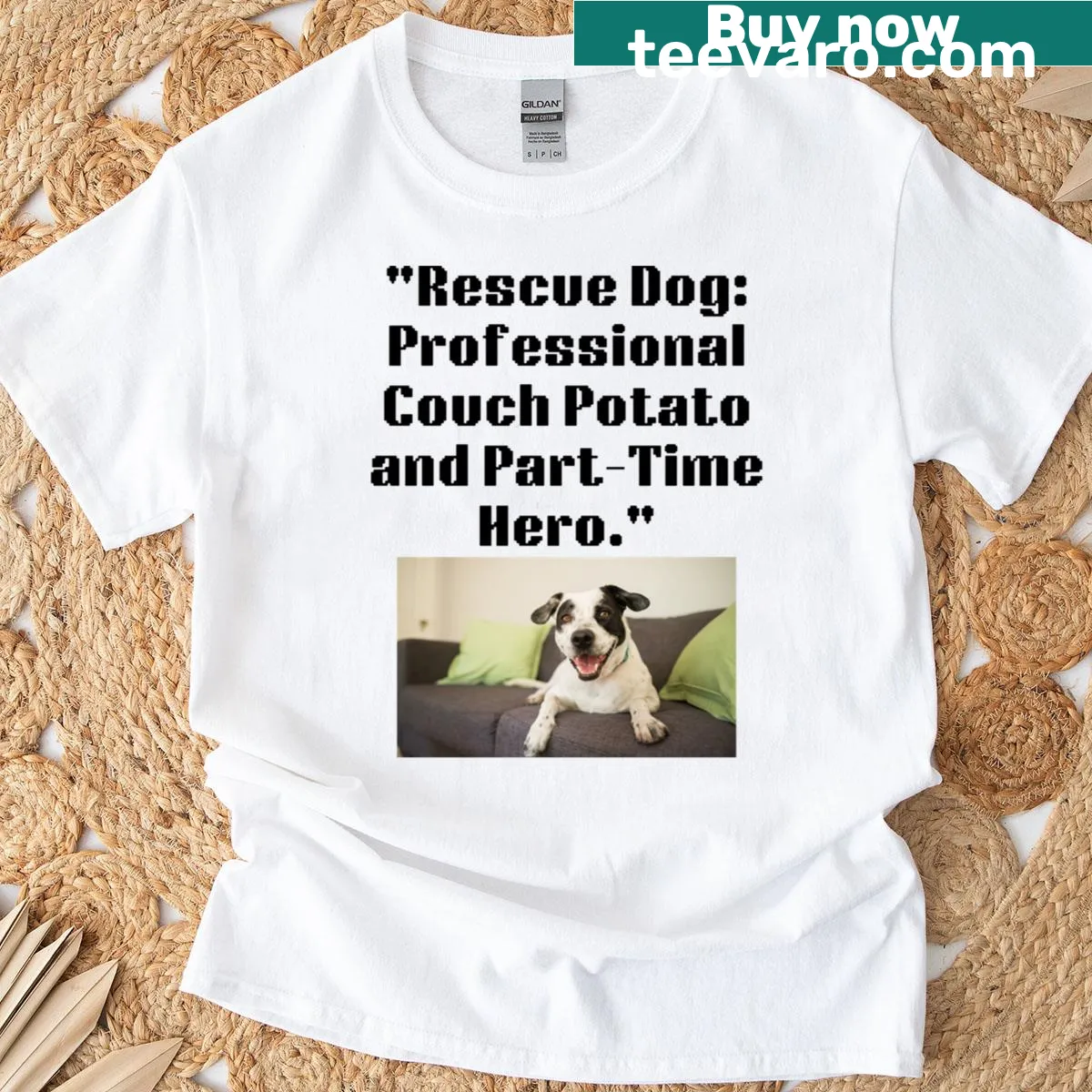 Illustration of a rescue dog lounging on a couch, humorous design for dog lovers — on a men's t-shirt