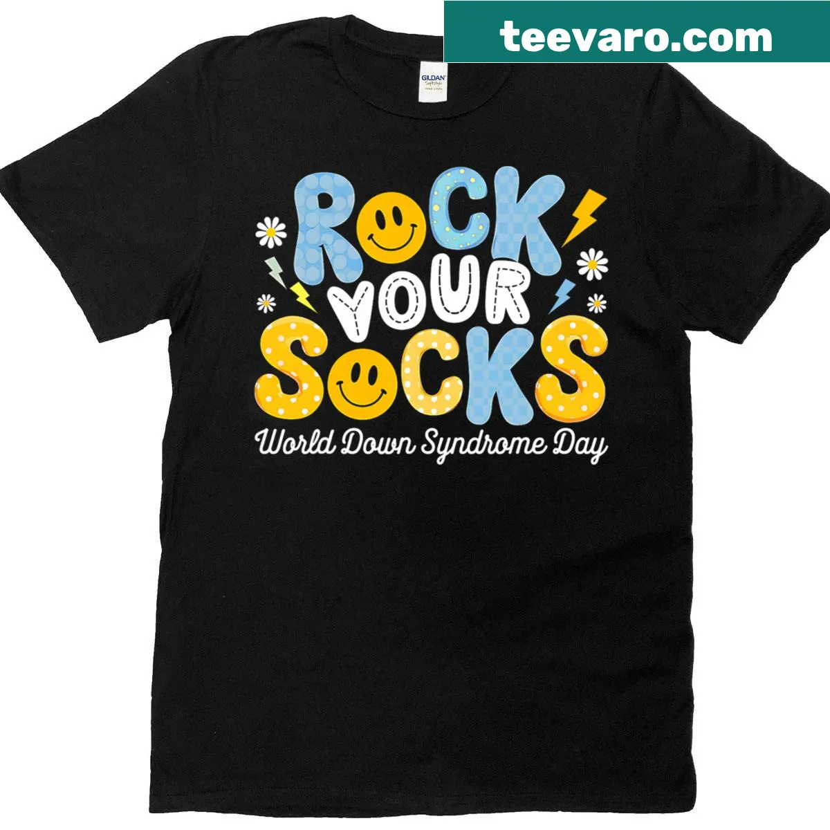 Awareness T-shirt with the phrase 'Rock Your Socks' for Down Syndrome support — on a men's t-shirt