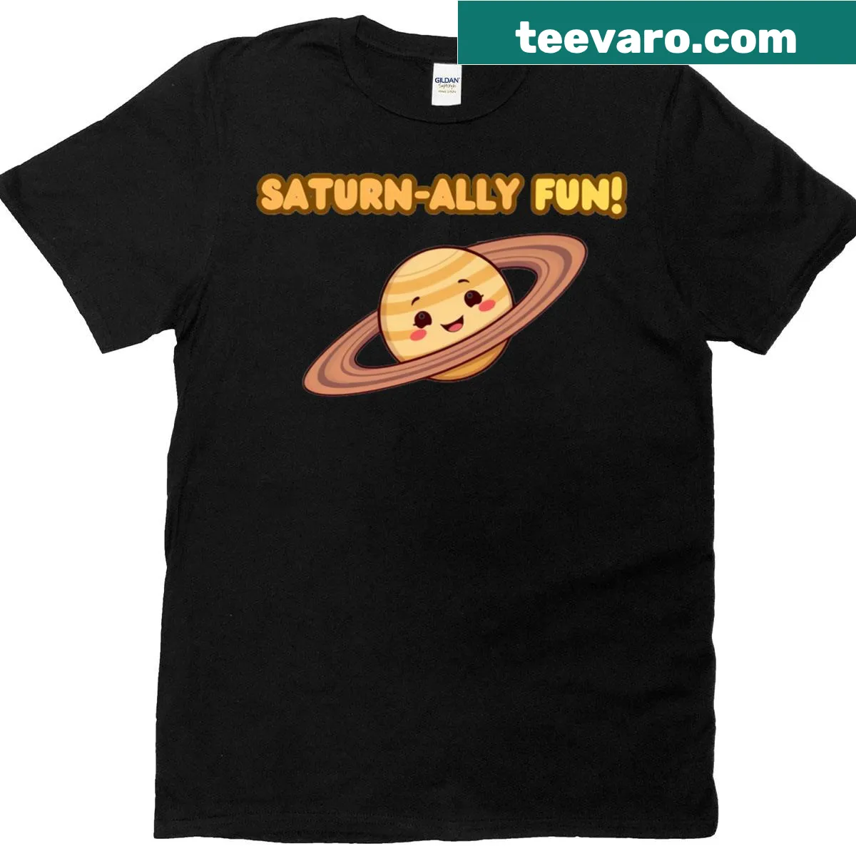 Whimsical Saturn graphic with playful expression on a T-shirt — on a men's t-shirt