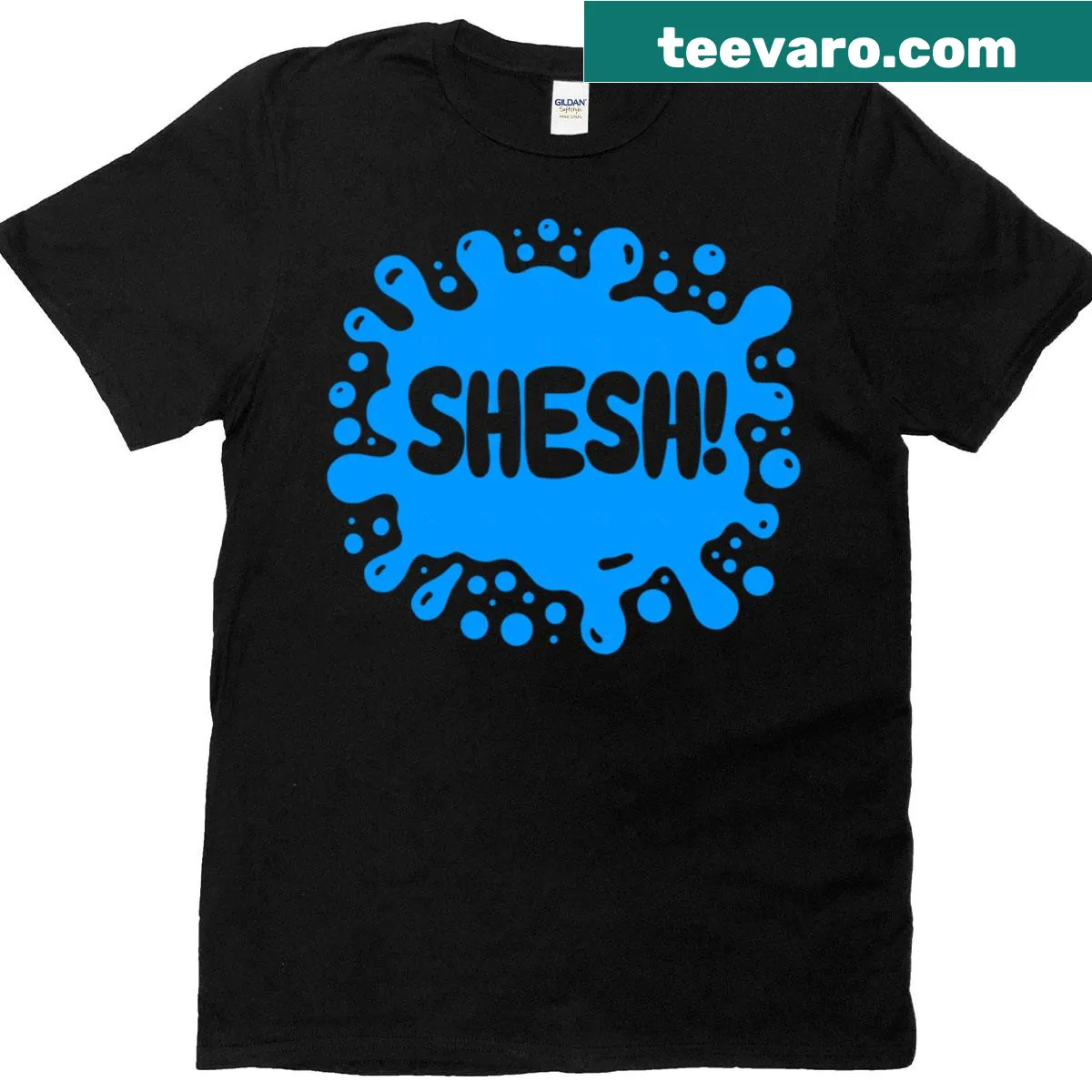 Bold typography t-shirt with 'Shesh!' and blue splat design — on a men's t-shirt