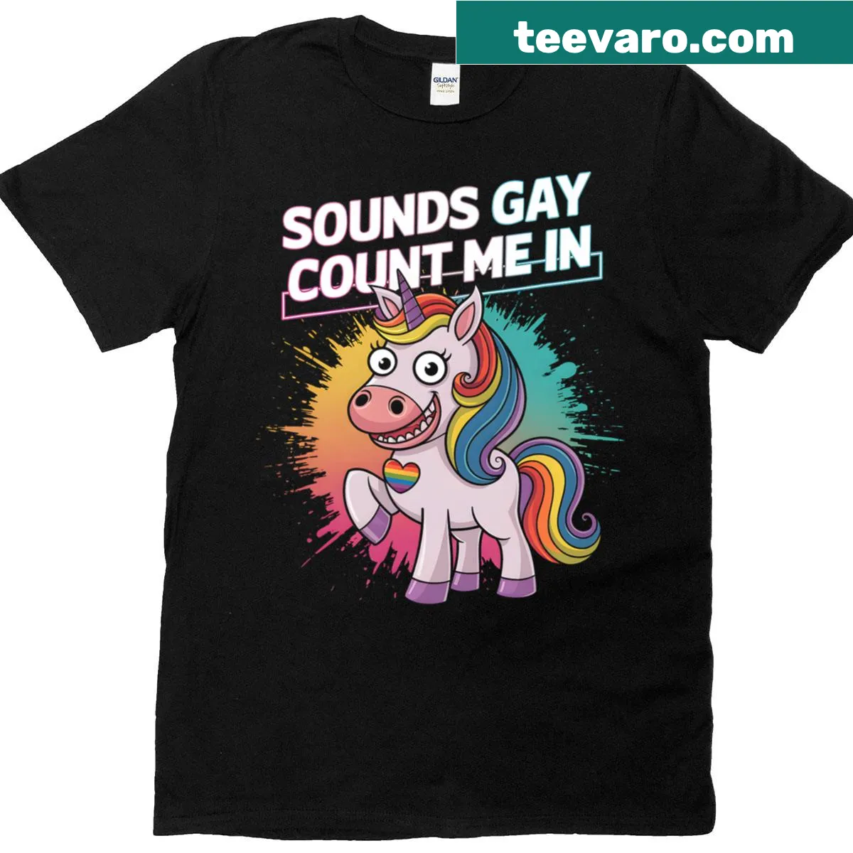 Humorous shirt with unicorn and rainbow flag featuring the phrase 'Sounds Gay, Count Me In' — on a men's t-shirt