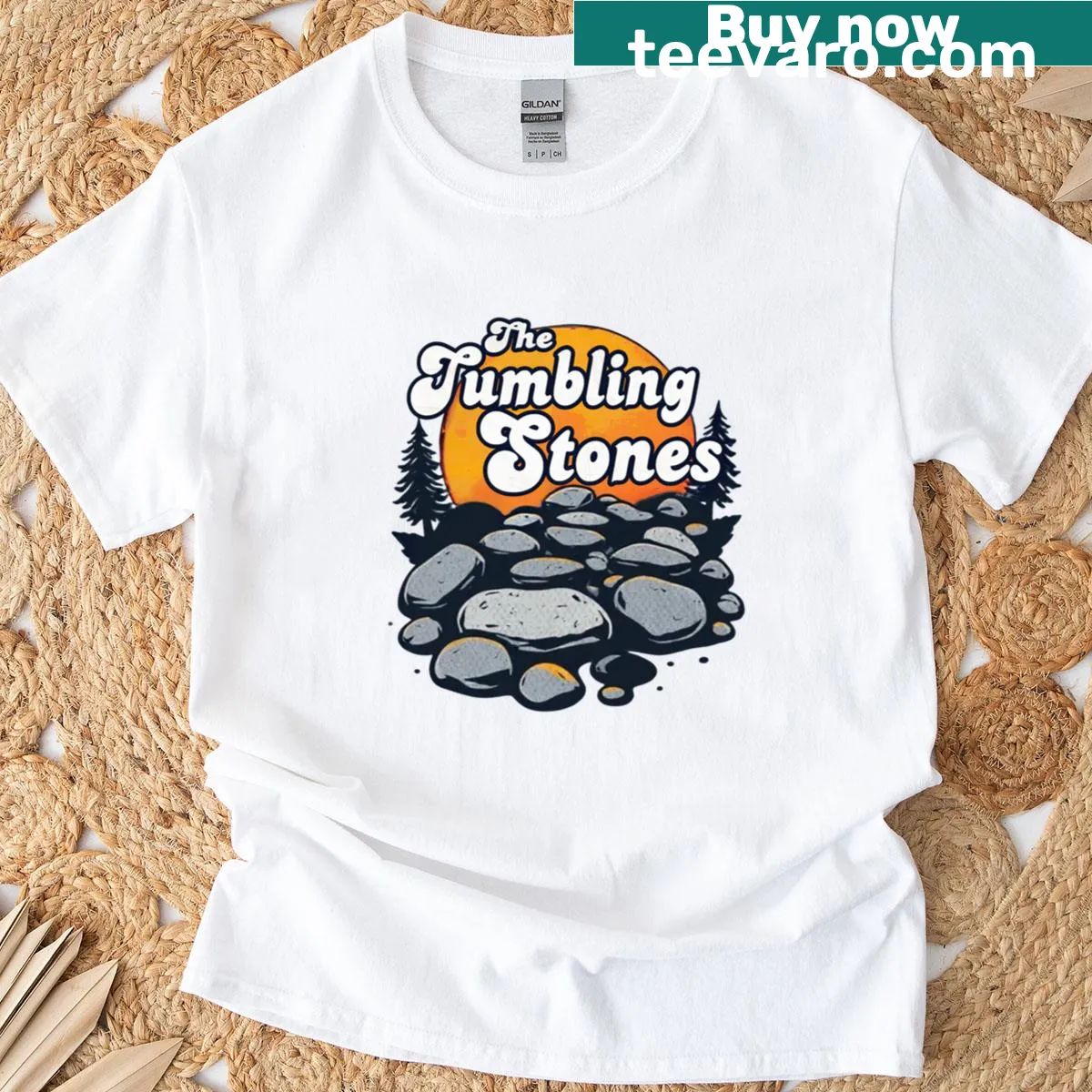 T-shirt featuring a cascading waterfall illustration — on a men's t-shirt