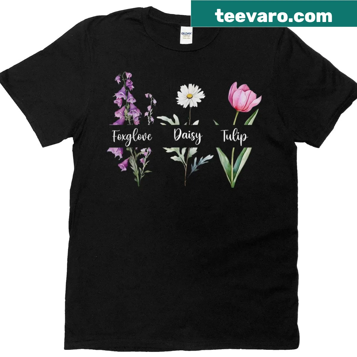 Floral T-shirt featuring foxglove, daisy, and tulip illustrations — on a men's t-shirt