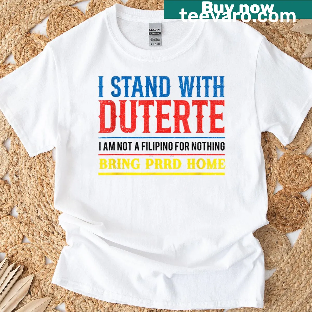 Bold text T-shirt supporting Duterte against ICC charges. — on a men's t-shirt