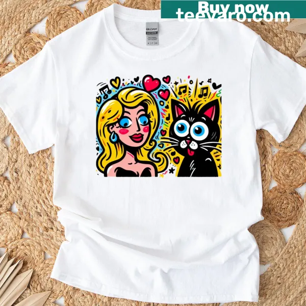 Illustration of a person gazing at a black cat on a t-shirt