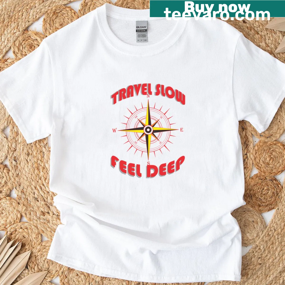 T-shirt promoting slow travel with inspirational message — on a men's t-shirt