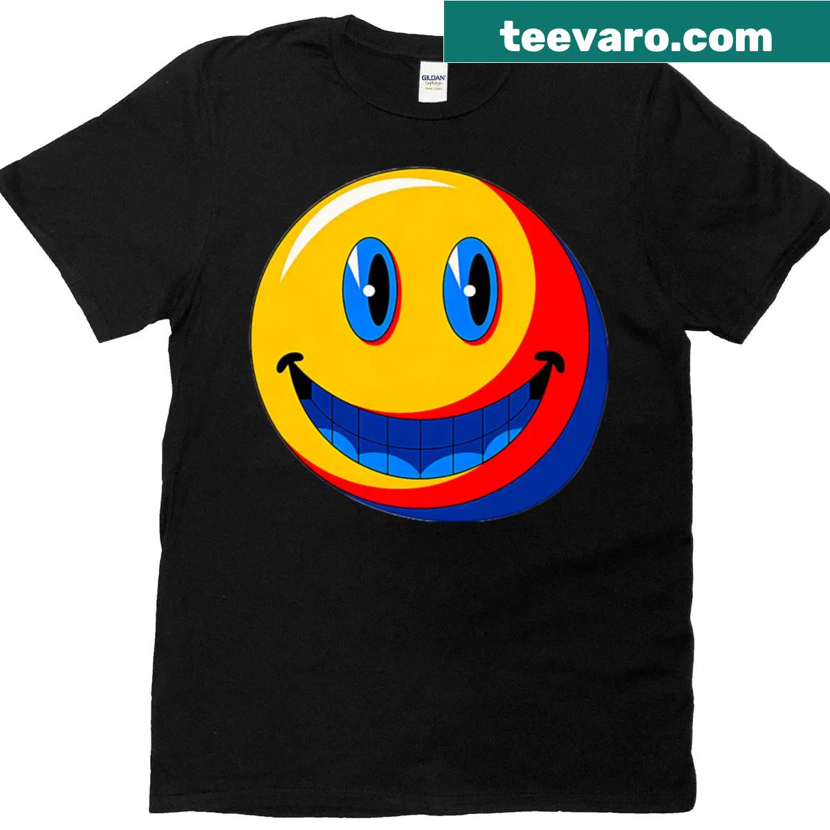 T-shirt with whimsical trippy smile face graphic — on a men's t-shirt