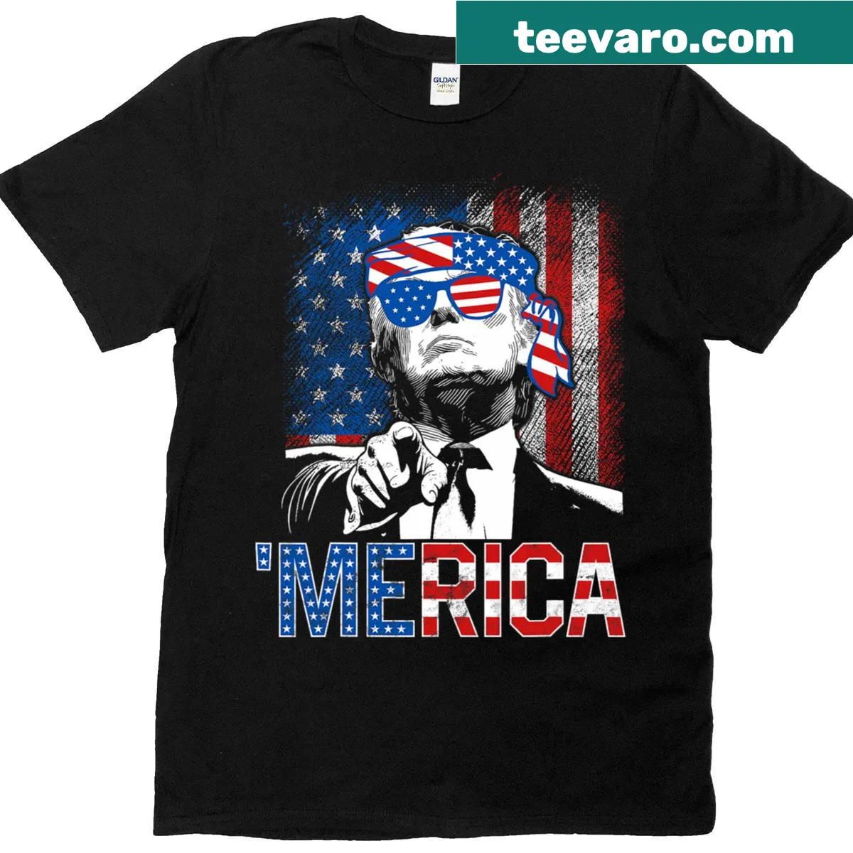 Funny T-shirt with 'Trump Merica' and American flag design for July 4th — on a men's t-shirt