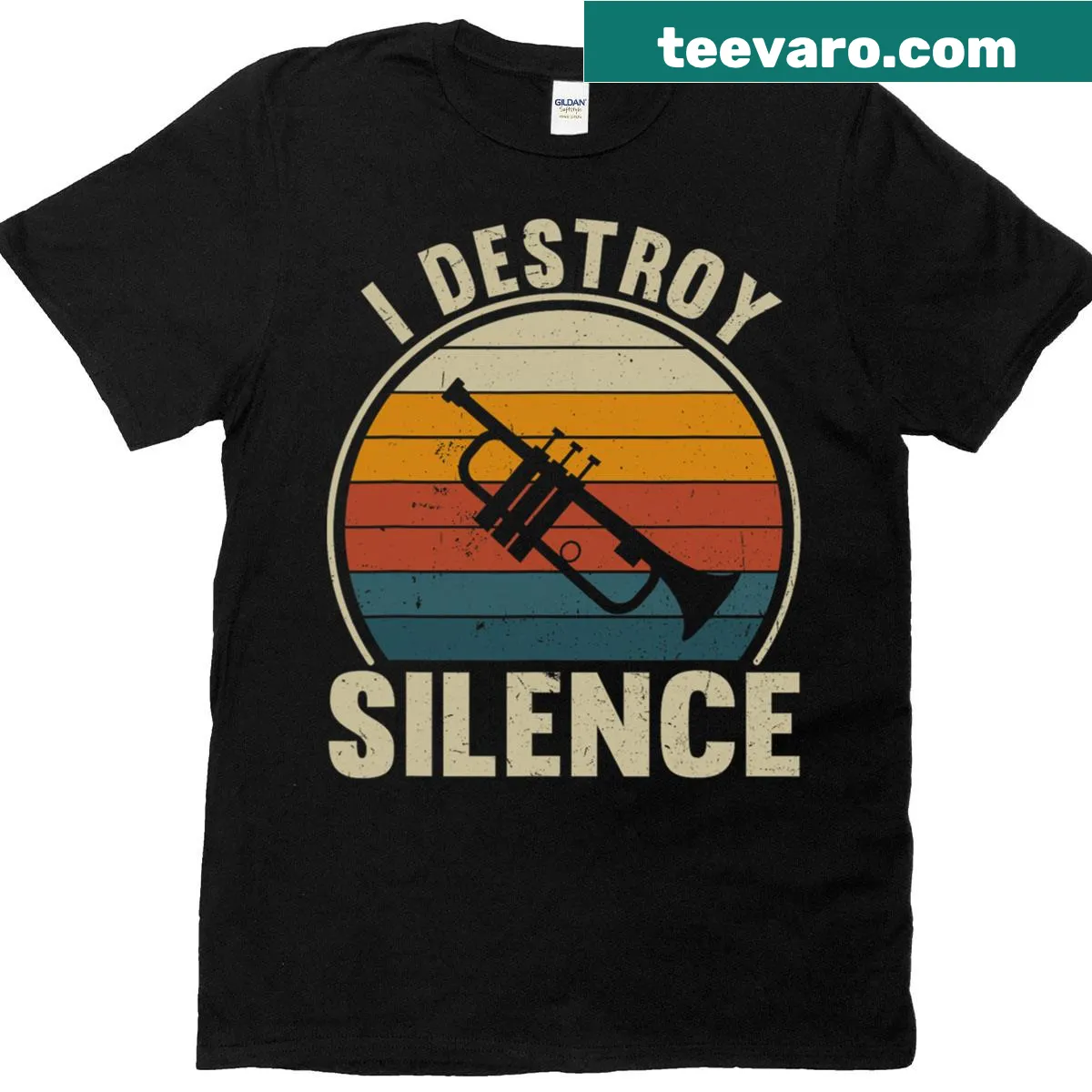 Graphic t-shirt for trumpet lovers with bold text about destroying silence. — on a men's t-shirt