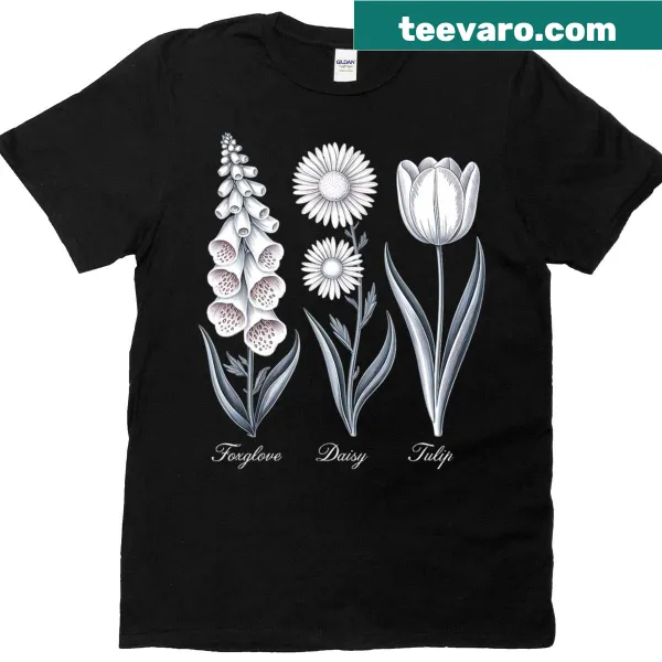 Vintage floral t-shirt with foxglove, daisy, and tulip illustrations.