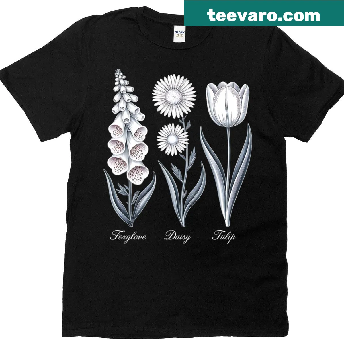 Vintage floral t-shirt with foxglove, daisy, and tulip illustrations. — on a men's t-shirt