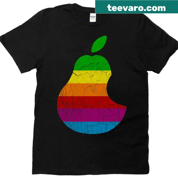 T-shirt with an illustration of rainbow-colored pears and technology theme