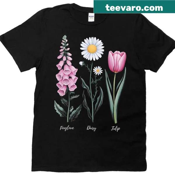 Vintage floral t-shirt featuring foxglove, daisy, and tulip designs