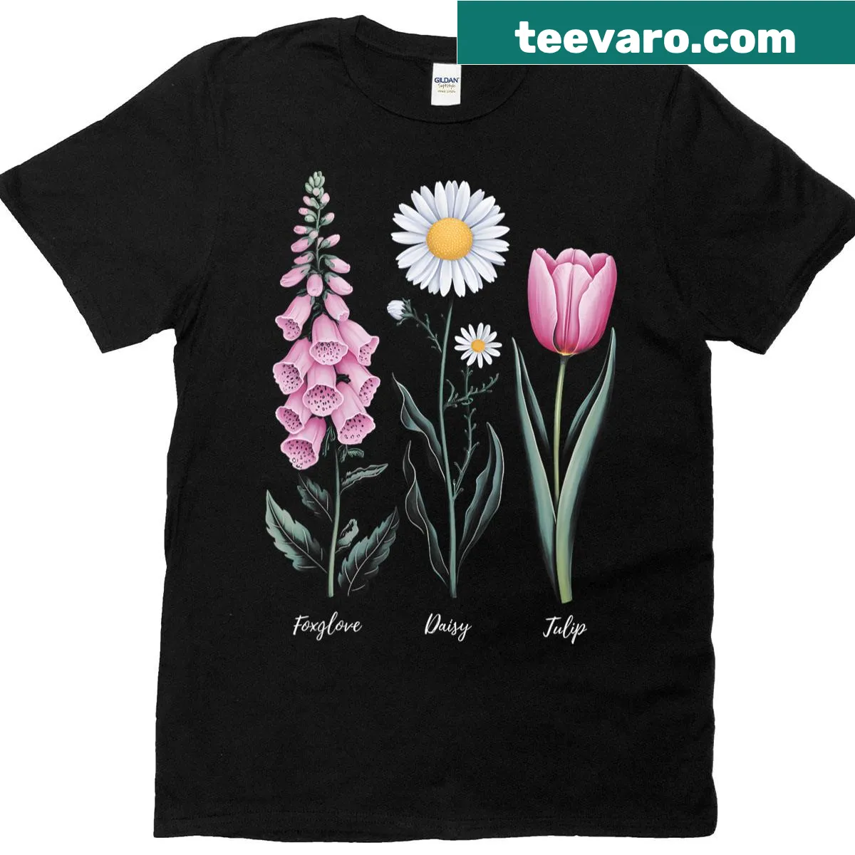 Vintage floral t-shirt featuring foxglove, daisy, and tulip designs — on a men's t-shirt