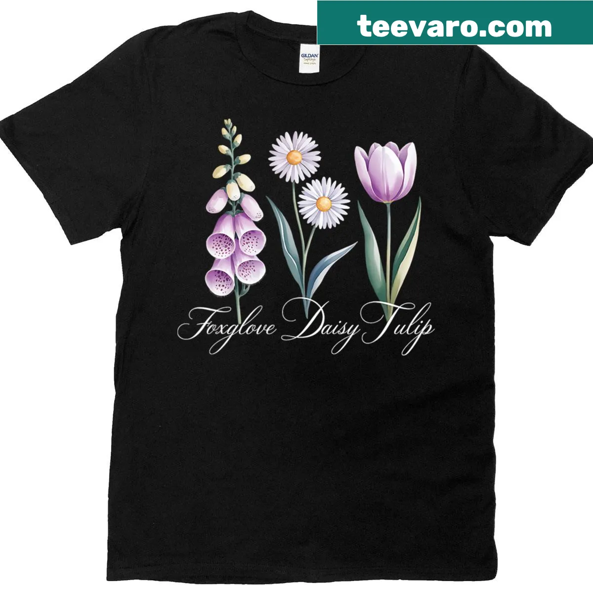 Watercolor floral T-shirt with foxglove, daisy, and tulip designs — on a men's t-shirt