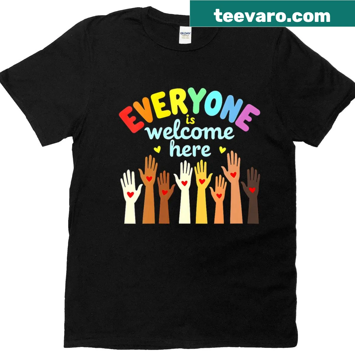 V-neck shirt with the phrase 'Everyone Is Welcome Here' in simple typography — on a men's t-shirt