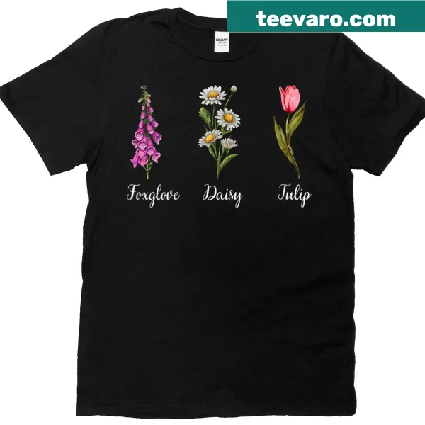 V-neck T-shirt featuring foxglove, daisy, and tulip floral design
