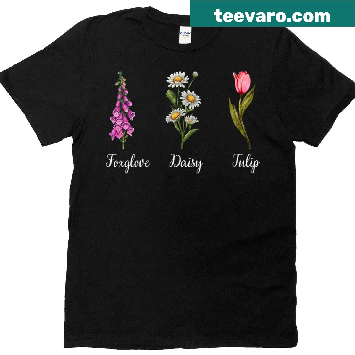 V-neck T-shirt featuring foxglove, daisy, and tulip floral design — on a men's t-shirt