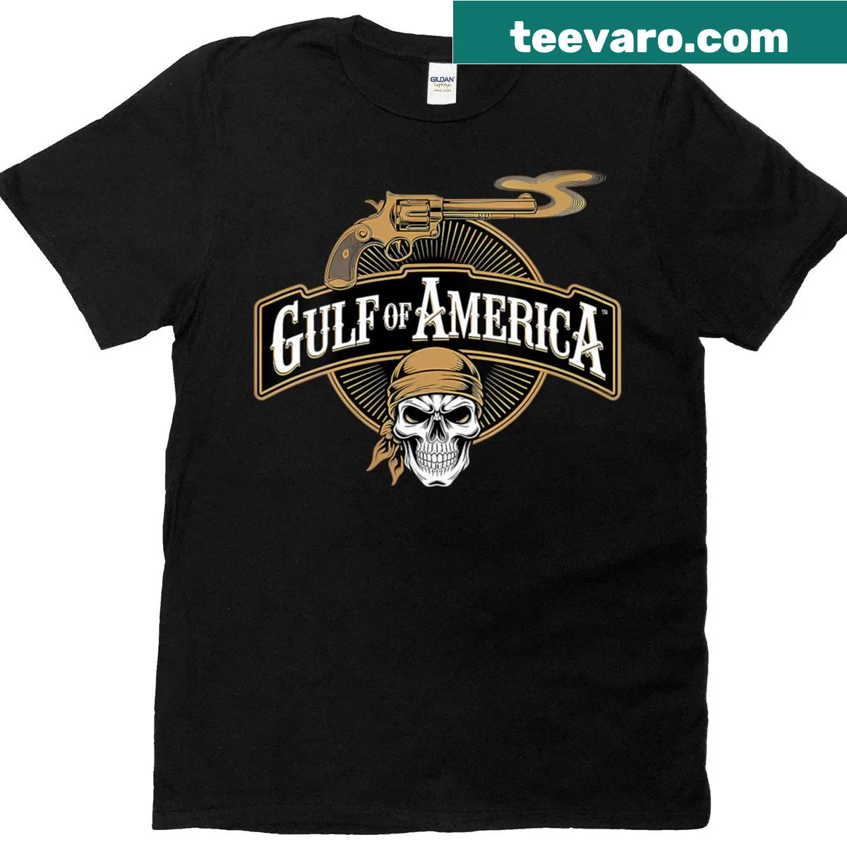 Retro V-neck shirt featuring 'Gulf Of Us America Est 2025' — on a men's t-shirt