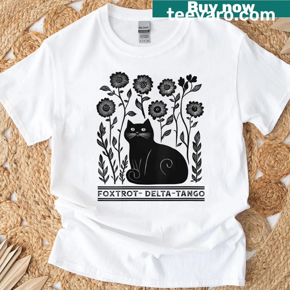 V-neck t-shirt featuring a cat in flowers with retro flower art — on a men's t-shirt