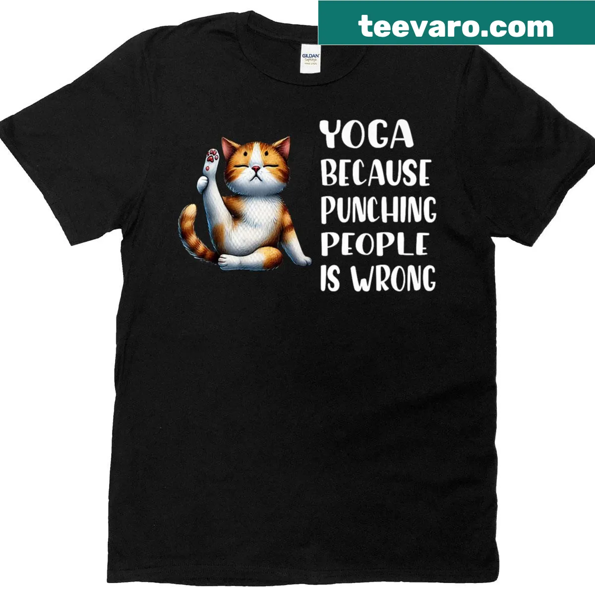 Yoga-themed playful T-shirt promoting peace over aggression — on a men's t-shirt