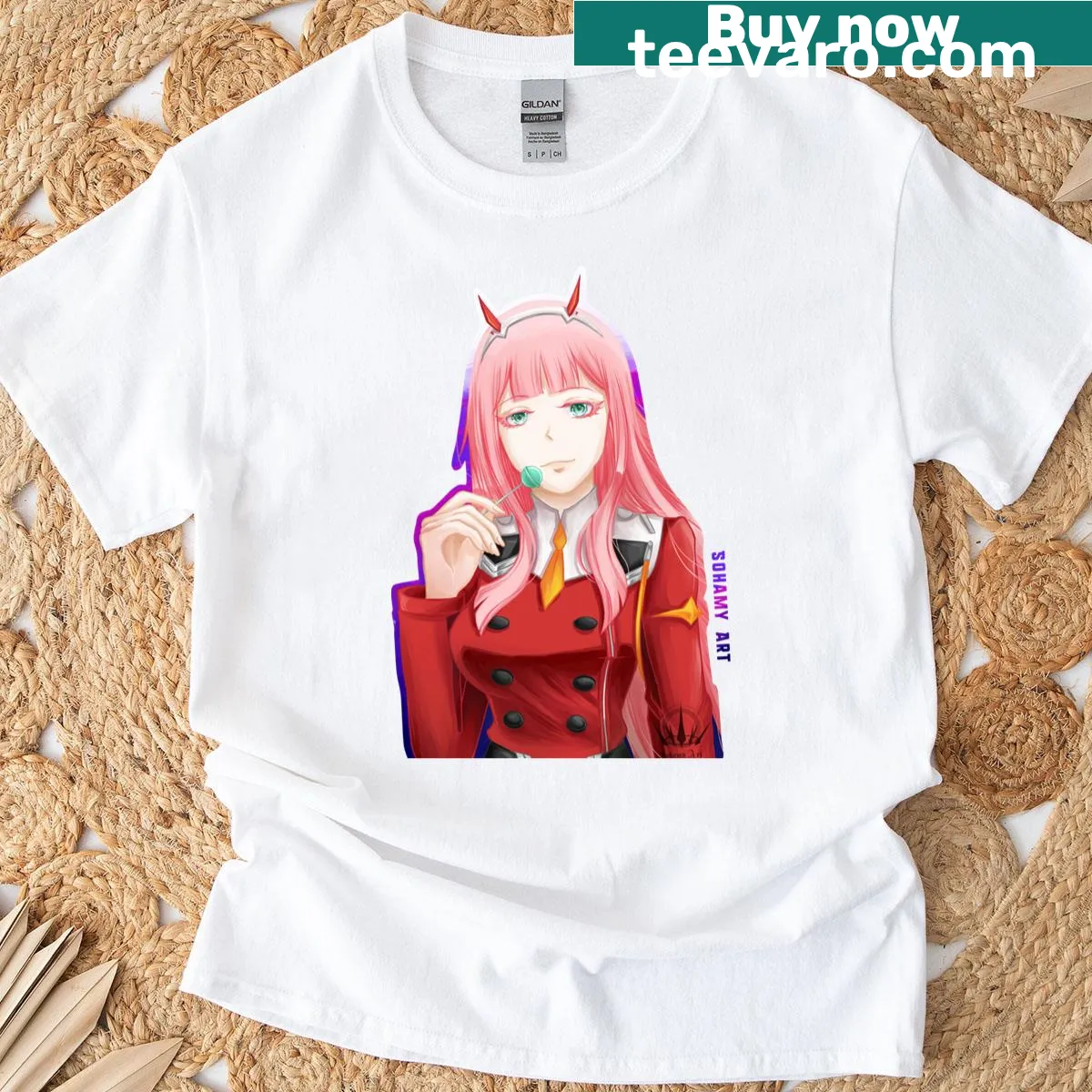Cartoon depiction of Zero Two with a lollipop on a T-shirt — on a men's t-shirt