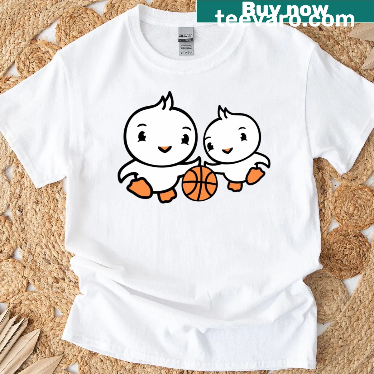 Cute illustration of two birds playing basketball on a t-shirt — on a men's t-shirt