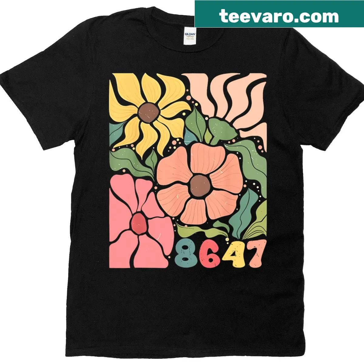Retro graphic tee with '86 47' and flower design — on a men's t-shirt