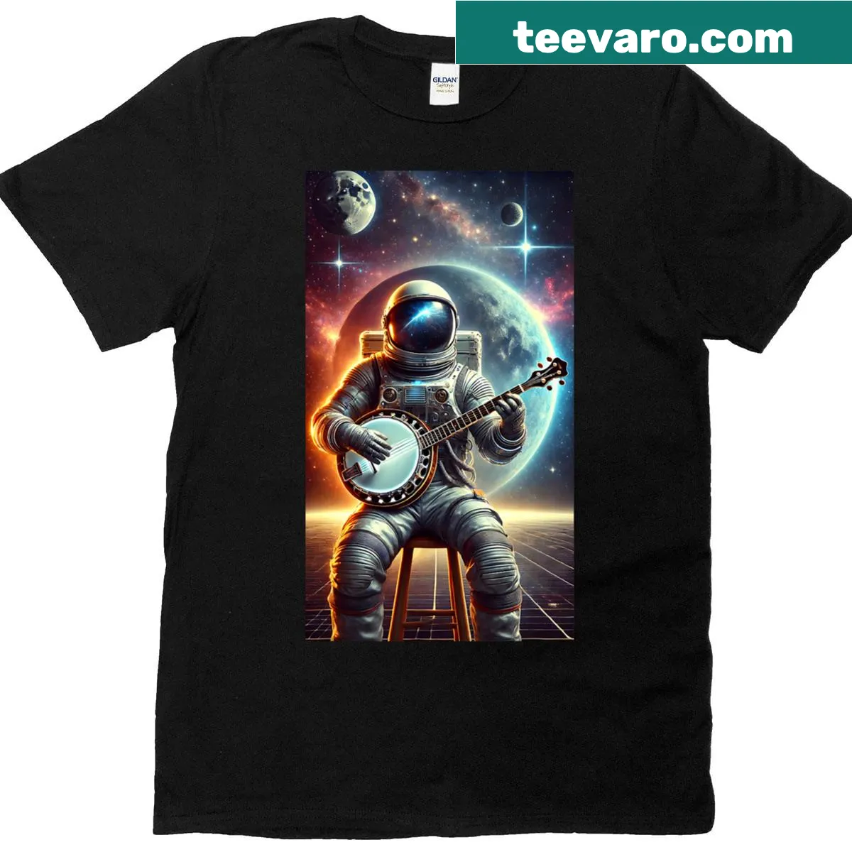 Astronaut playing banjo graphic t-shirt — on a men's t-shirt