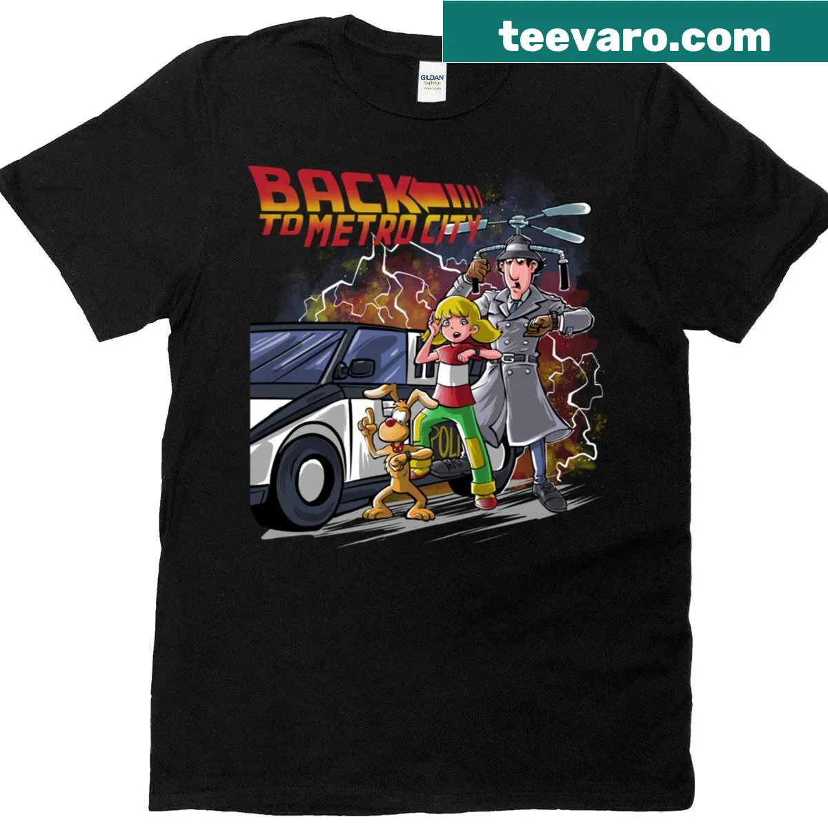 Graphic depicting a whimsical cityscape design on a T-shirt — on a men's t-shirt