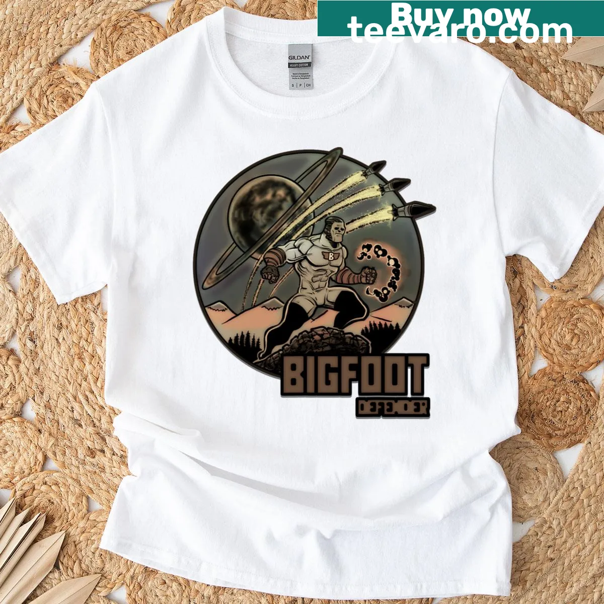 Humorous graphic of Bigfoot protector on a T-shirt — on a men's t-shirt