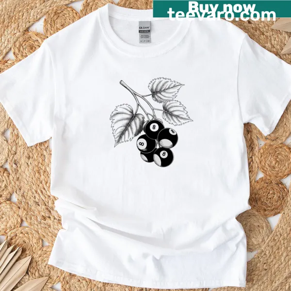 Artistic billiard T-shirt with 8 ball and fruit cluster design.