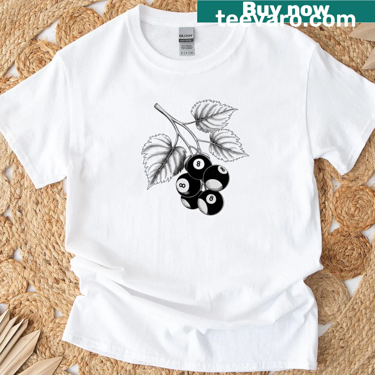 Artistic billiard T-shirt with 8 ball and fruit cluster design. — on a men's t-shirt