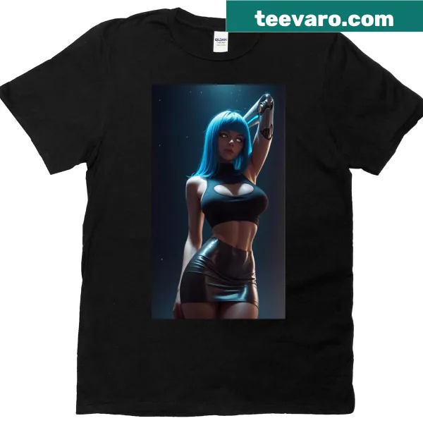 Futuristic T-shirt featuring a cyber girl with blue hair.