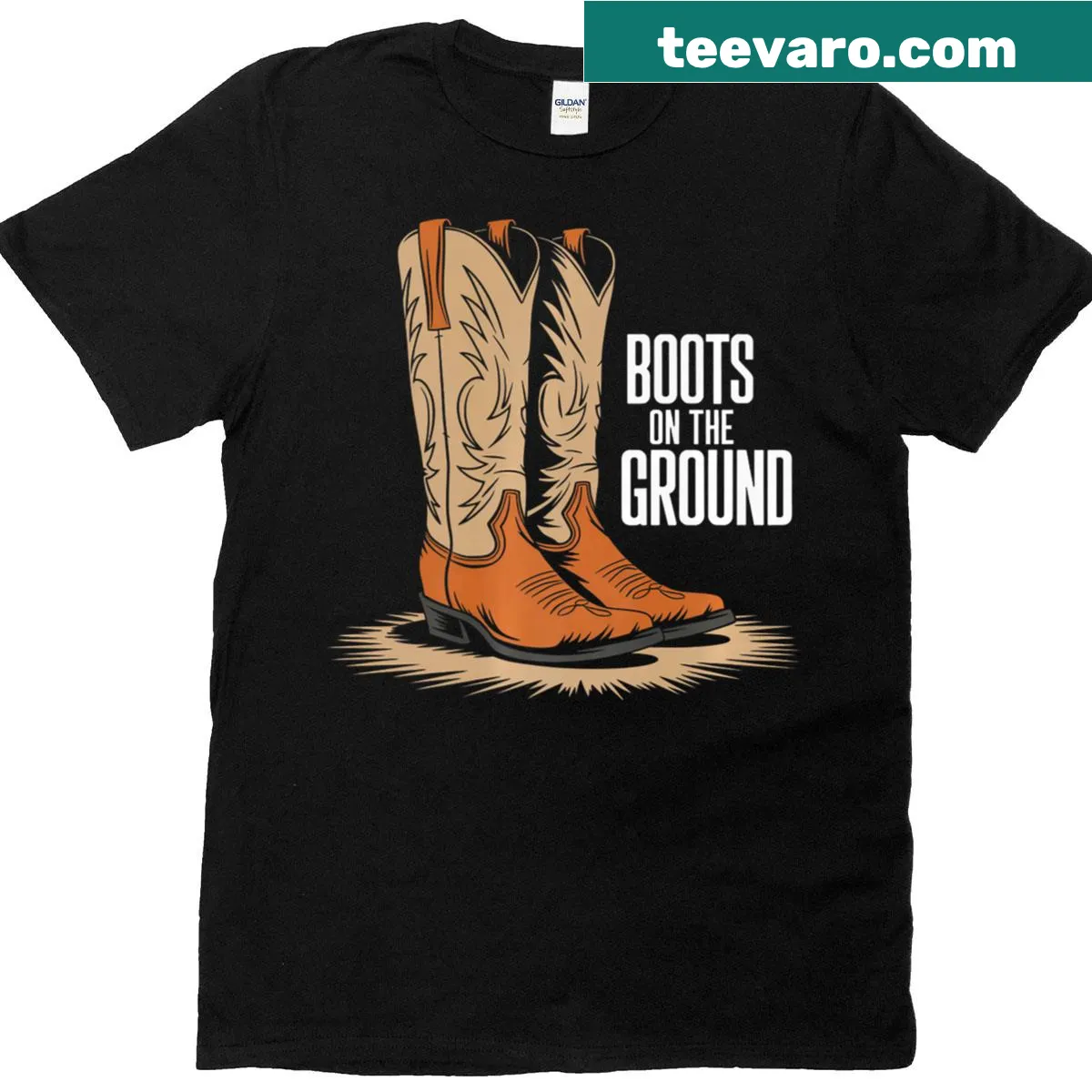 Western-themed T-shirt with 'Boots On Da Ground' text — on a men's t-shirt