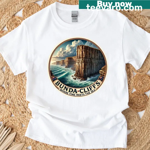 Artistic graphic of Bunda Cliffs on a nature-themed T-shirt