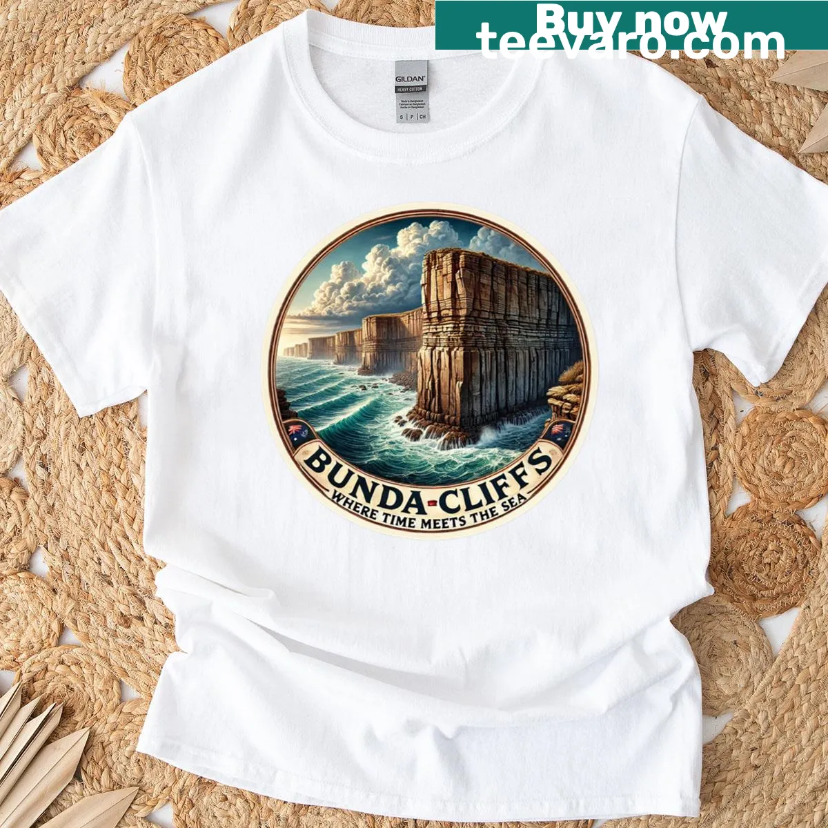 Artistic graphic of Bunda Cliffs on a nature-themed T-shirt — on a men's t-shirt