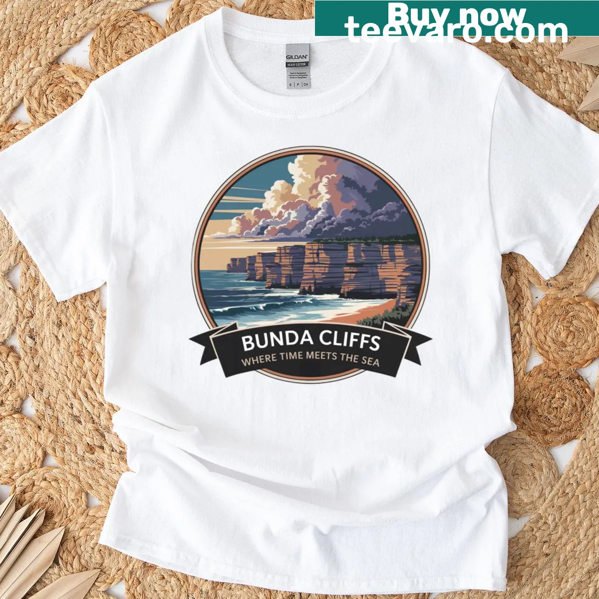 Realistic T-shirt featuring Bunda Cliffs design — on a men's t-shirt