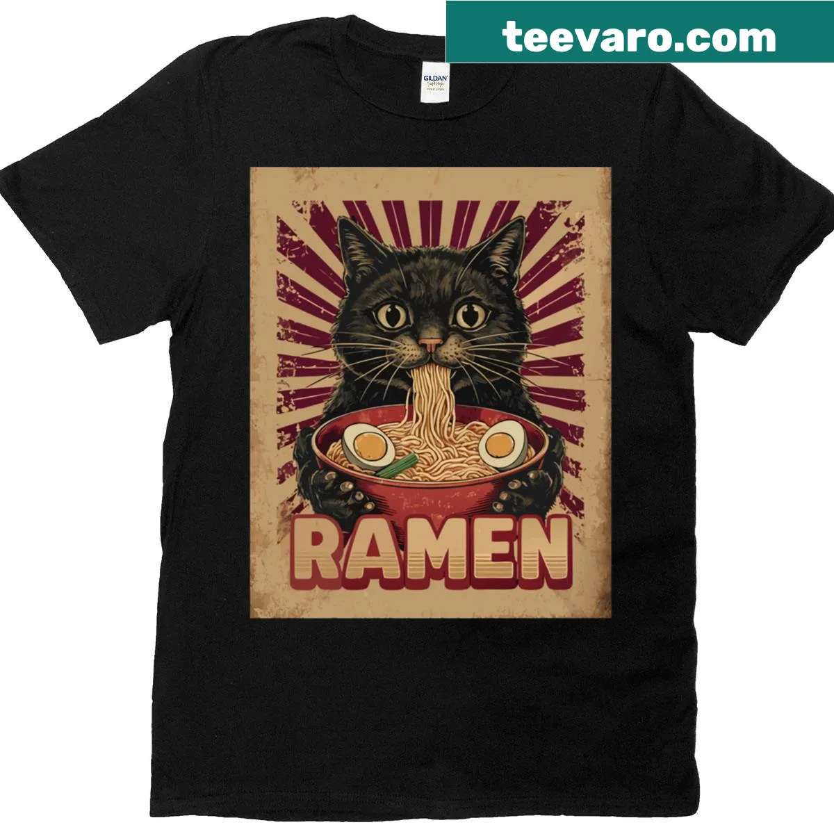 Vintage Japanese art t-shirt featuring a cat eating ramen noodles — on a men's t-shirt