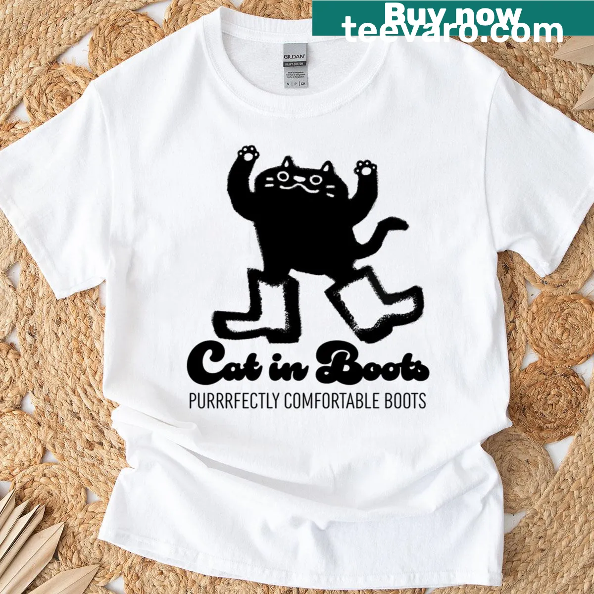 Cat wearing stylish boots illustrated on a T-shirt — on a men's t-shirt