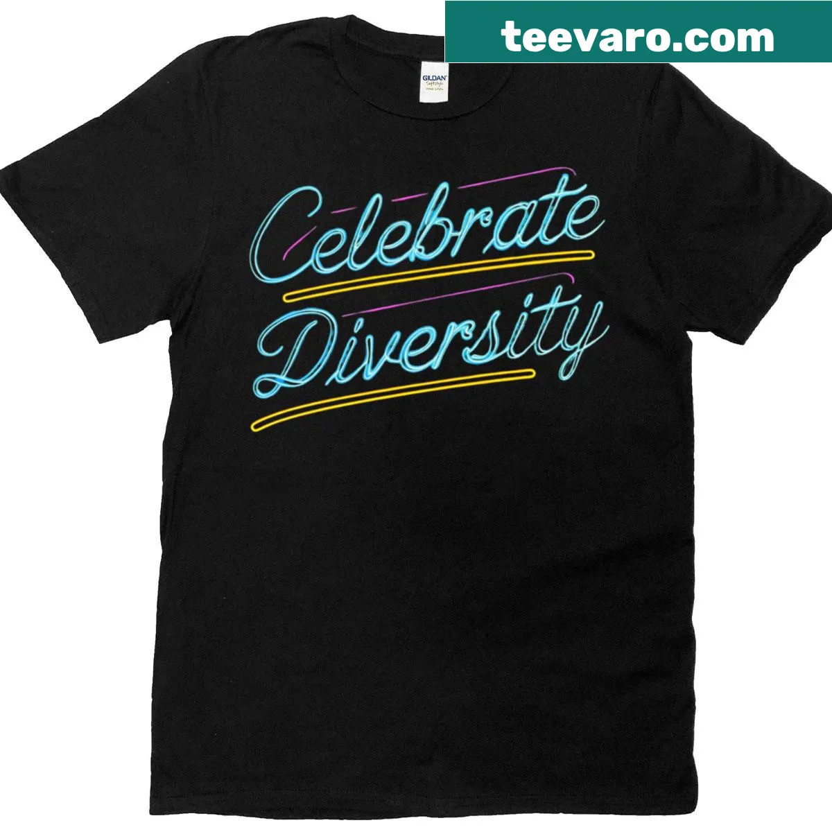 Colorful neon typography celebrating diversity on a T-shirt — on a men's t-shirt