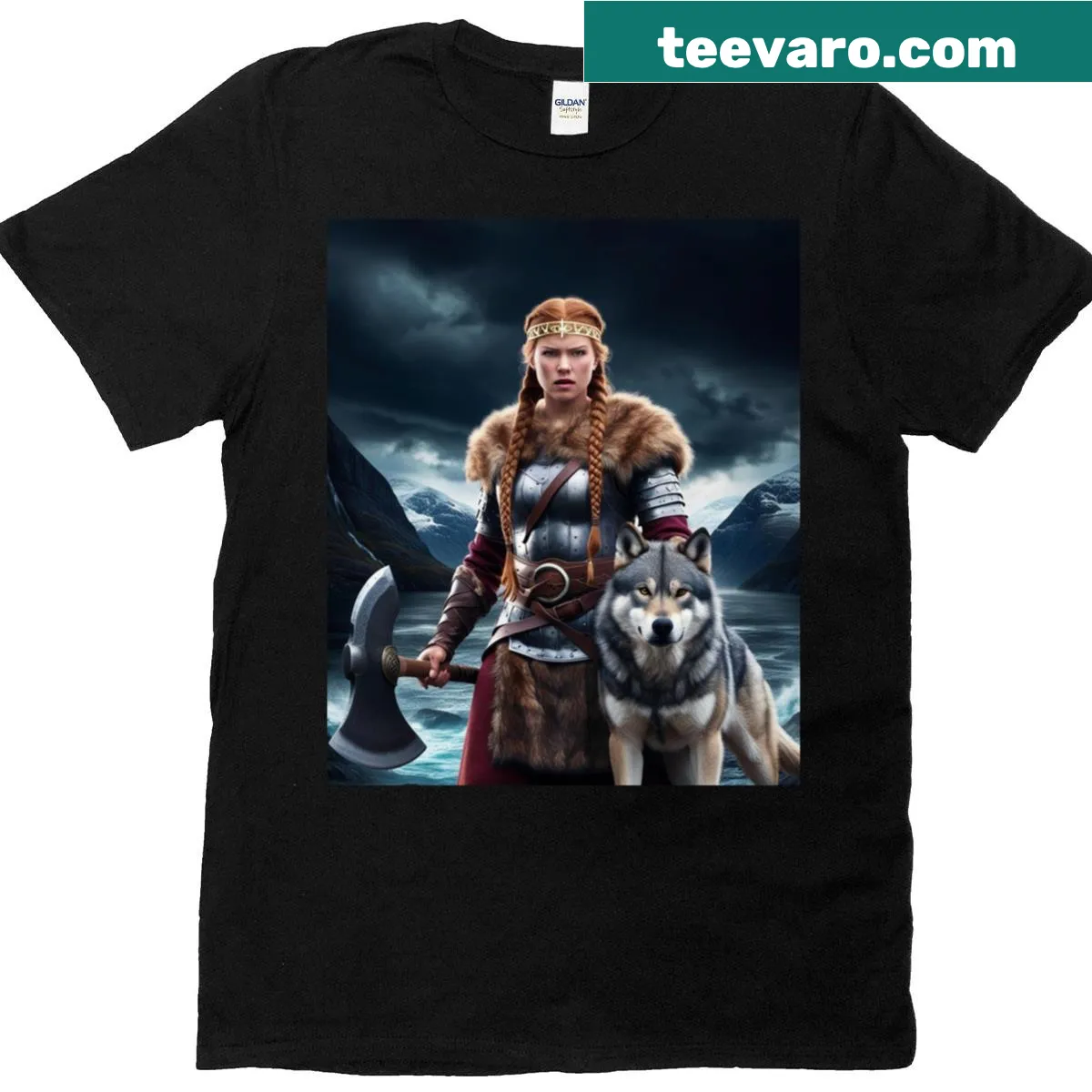 Viking woman with a husky dog graphic T-shirt — on a men's t-shirt